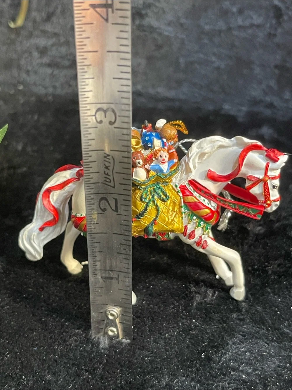 White and Red Carousel Horse Holiday Ornament with Gold Toy Saddle